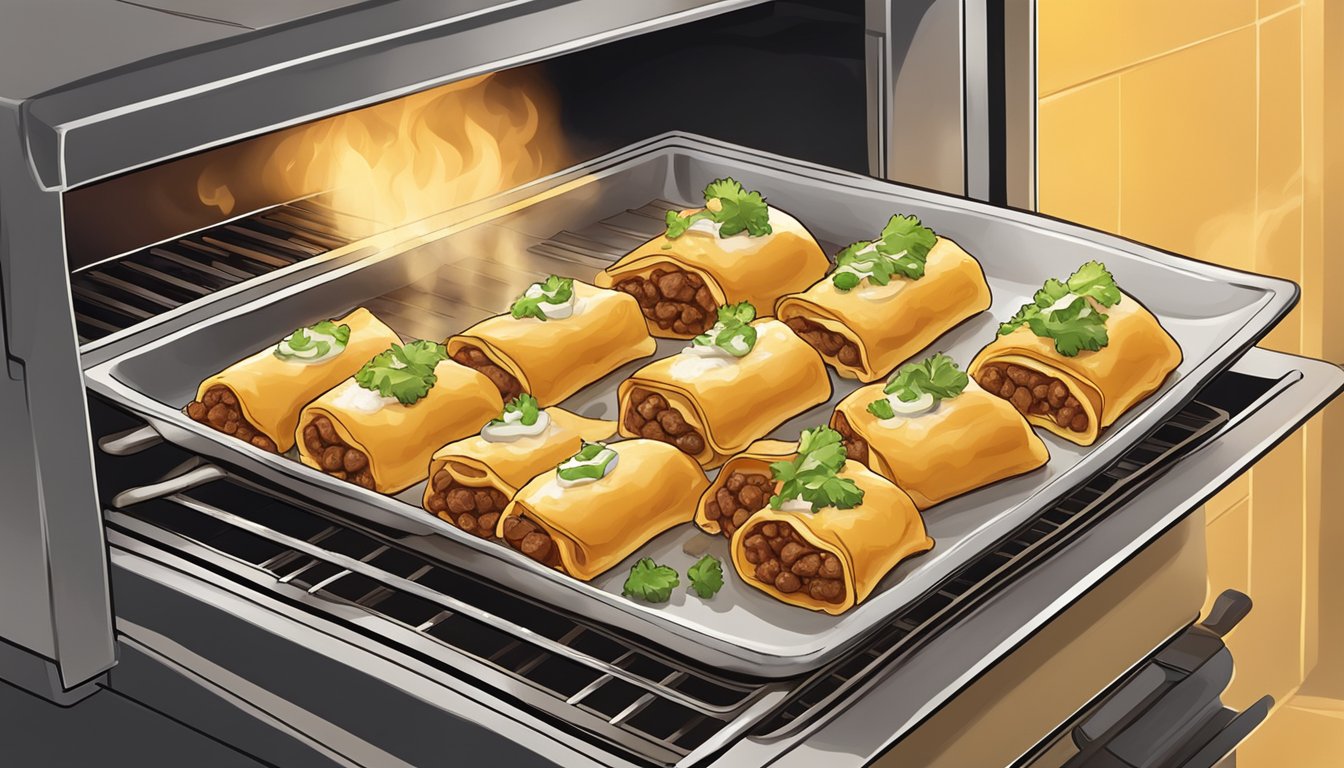 A plate of beef chimichangas being reheated in the oven, steam rising as they become golden and crispy