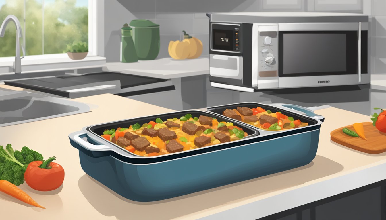 A casserole dish sits on a countertop, filled with beef and vegetable casserole. A microwave oven is open, with the casserole dish inside