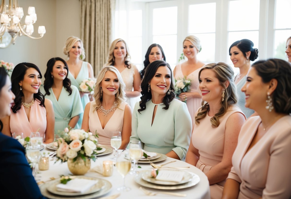 A group of women in elegant attire gather at a bridal shower. Soft pastel colors dominate the scene, with a hint of gold and silver accents