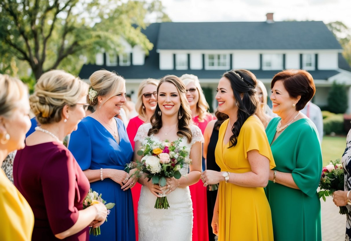 A bridal shower scene with guests wearing various colors, but avoiding black and red attire