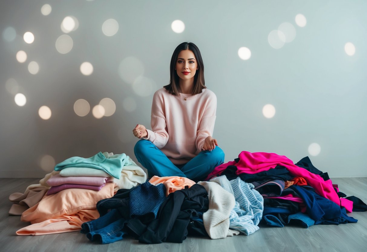 A woman surrounded by pastel and neutral-colored clothing, with a pile of vibrant and dark-colored clothes discarded on the floor