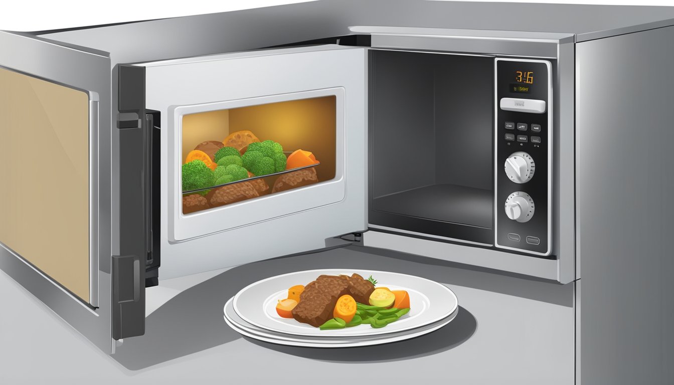 A microwave with a plate of beef and vegetable casserole inside, the timer set and the microwave door closed