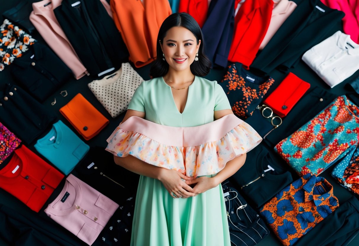 A woman holding a pastel-colored dress, surrounded by a variety of clothing items in shades of black, red, and vibrant patterns