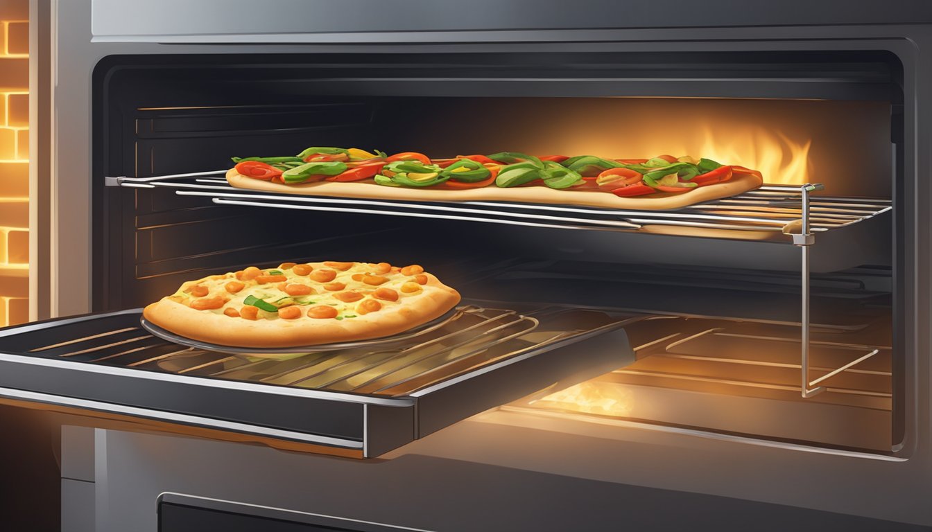 A beef and vegetable flatbread sits on a baking sheet inside a preheated oven, surrounded by the warm glow of the heating elements