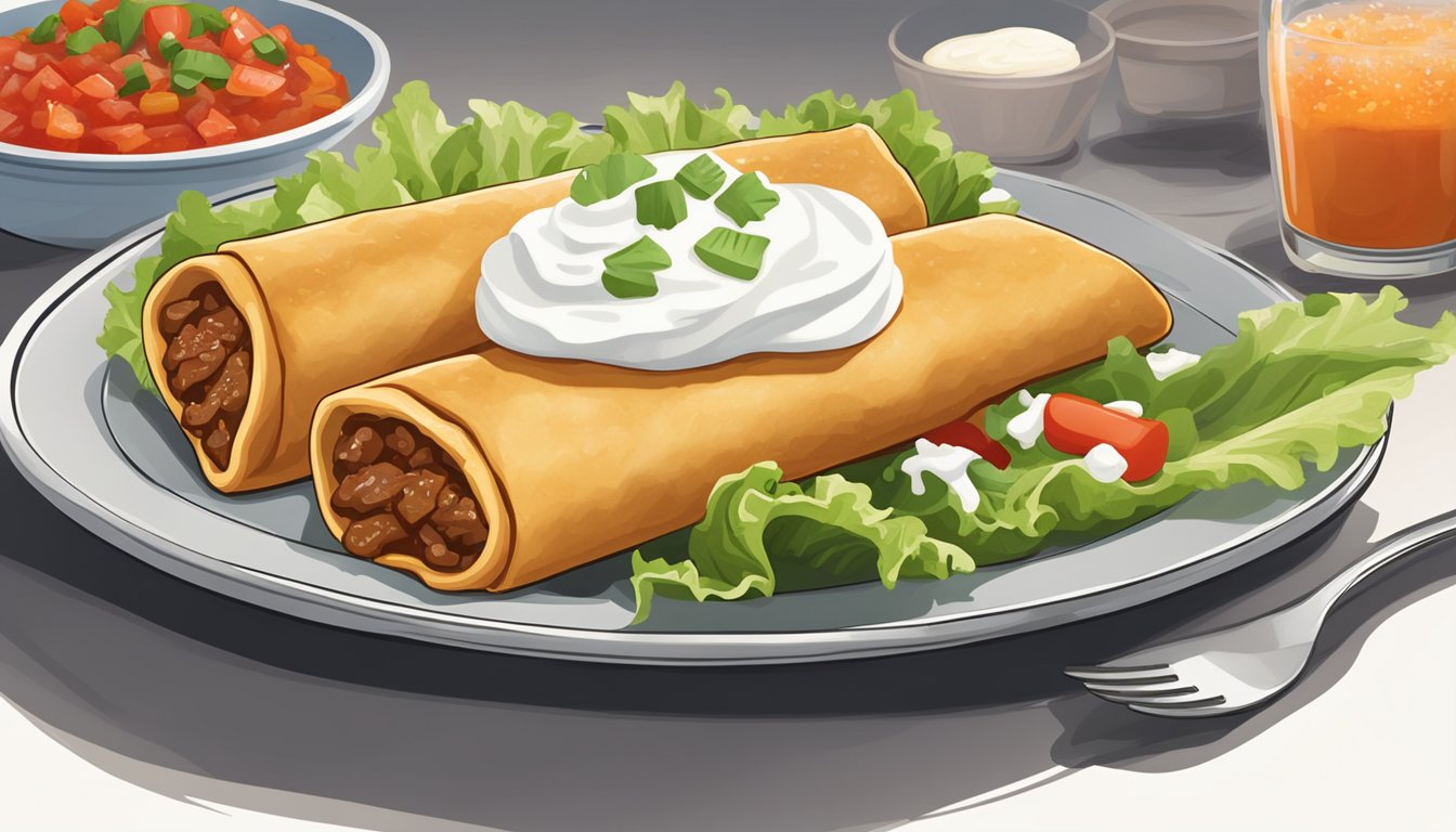 A plate of reheated beef chimichangas steaming on a bed of lettuce, with a side of salsa and sour cream