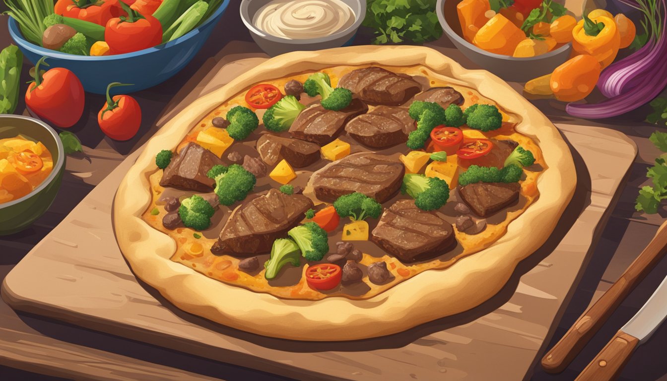 A flatbread sits on a baking sheet in the oven, surrounded by colorful vegetables and sizzling chunks of beef. The warm glow of the oven highlights the golden crust of the flatbread