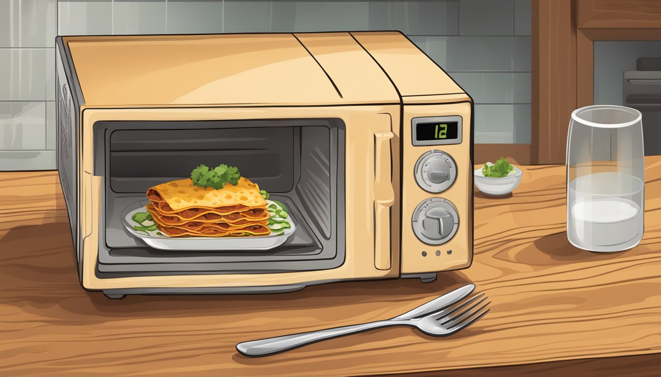 A microwave with a bowl of beef enchiladas inside, a plate, and a fork on a wooden table