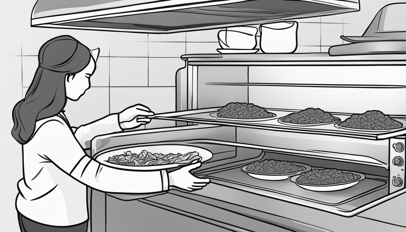 A person placing beef enchilada bowls in the oven. The oven is preheated and ready for the bowls to be heated