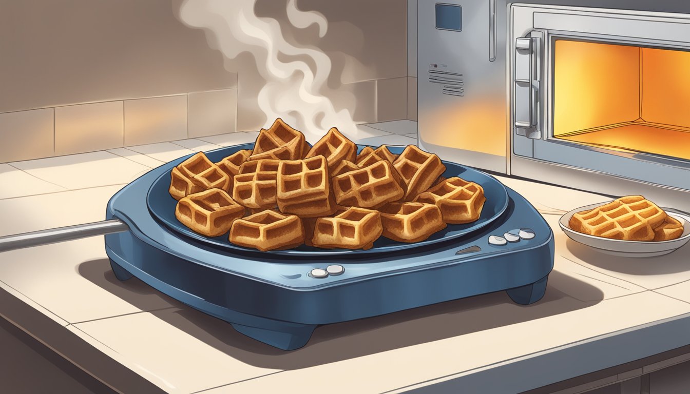 A plate of beef and waffle bites being reheated in a microwave