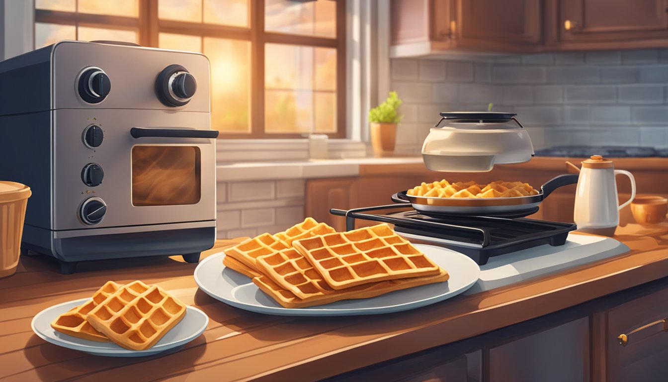 A plate of reheated waffles and beef bites, steam rising, surrounded by a cozy kitchen setting with a toaster oven and a warm, inviting atmosphere