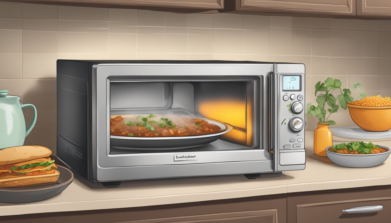 A microwave with a beef enchilada bowl inside, steam rising from the food, a timer set for reheating, and a pair of oven mitts nearby