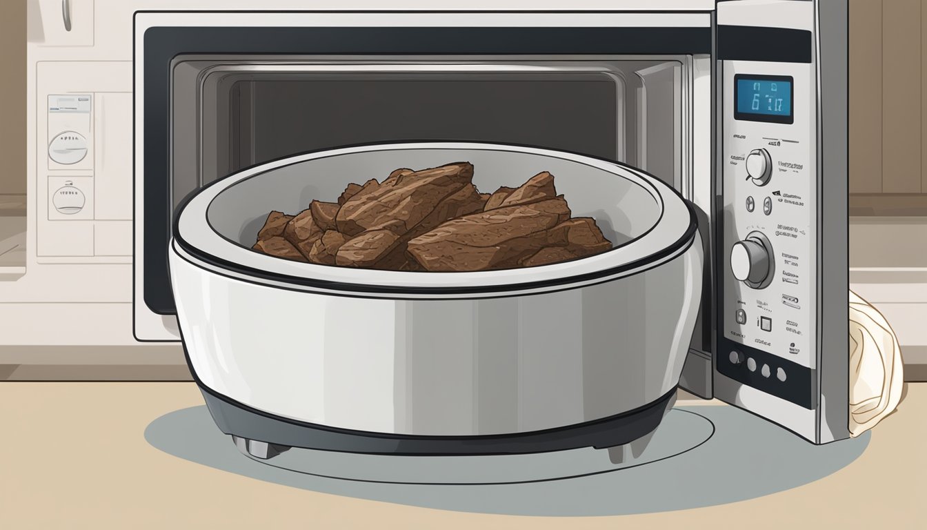 A steaming bowl of beef barbacoa sits in a microwave next to a damp paper towel. The microwave door is open, and the timer is set for two minutes