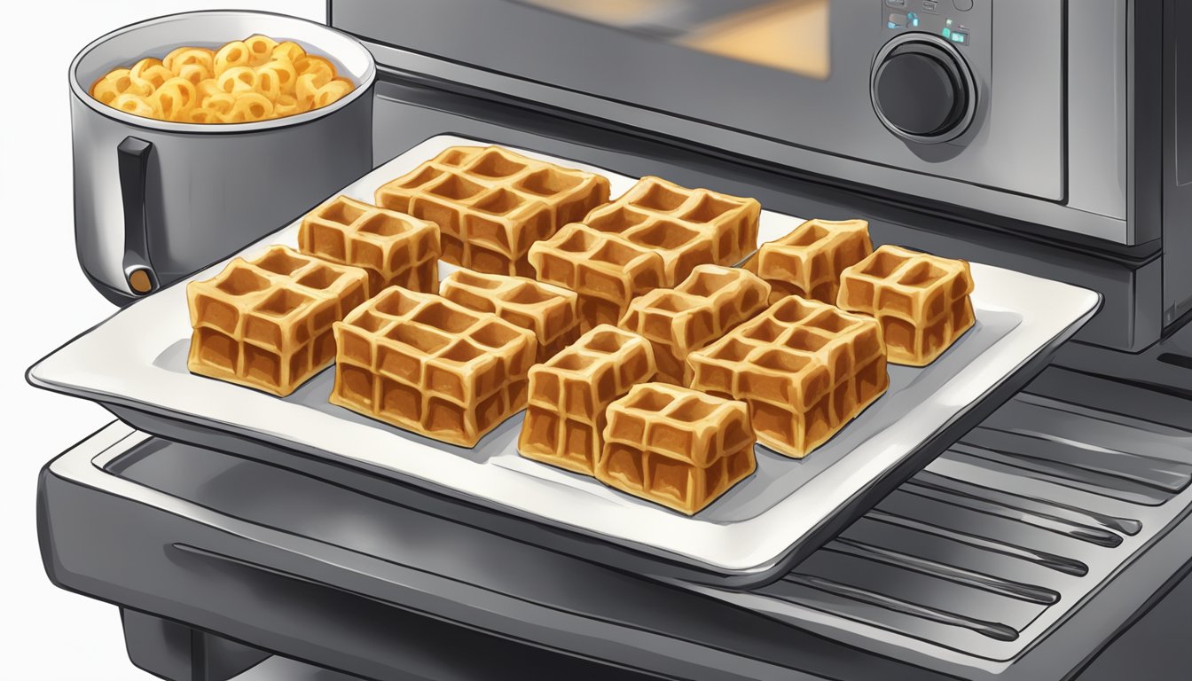 Beef and waffle bites arranged on a plate, being reheated in a microwave or oven