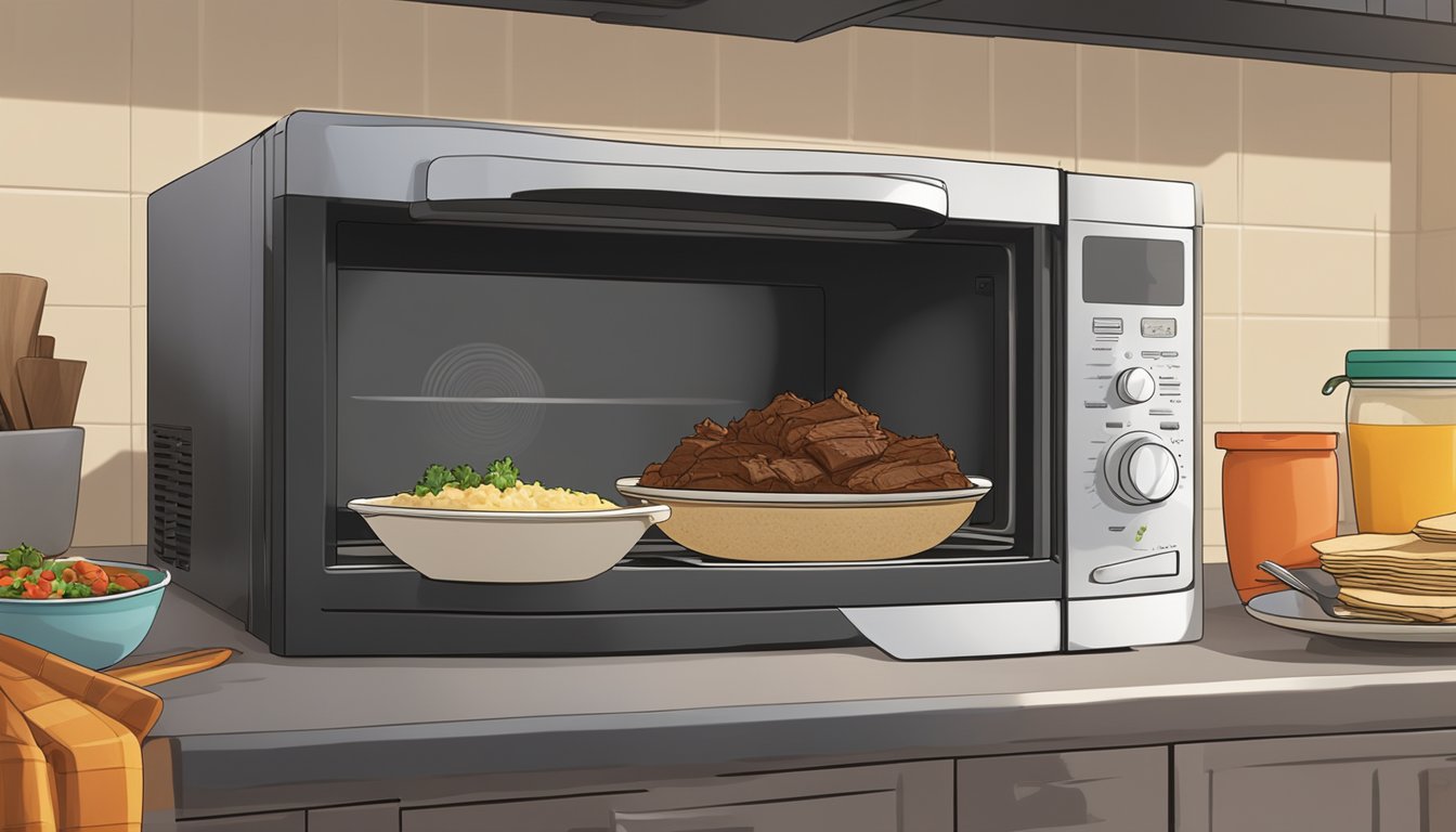 A steaming bowl of beef barbacoa sits in a microwave next to a plate of tortillas, while an oven and stovetop are visible in the background