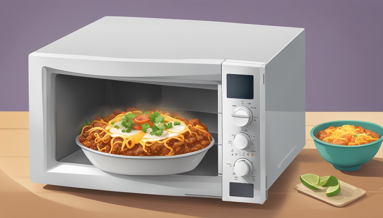 A microwave with a steaming beef enchilada bowl inside