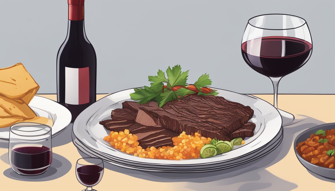 A plate of reheated beef barbacoa alongside a selection of wine glasses and a bottle of red wine