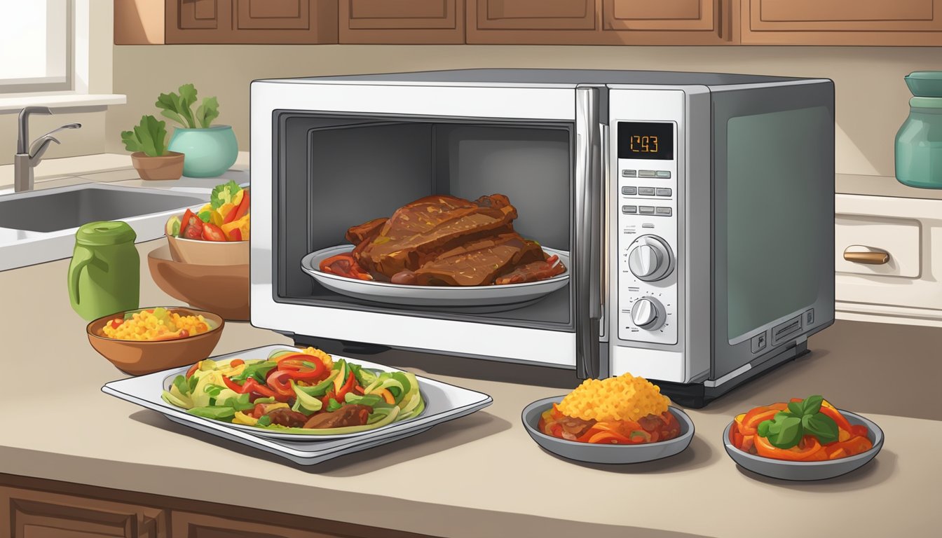 A microwave with an open door, a beef fajita bowl on a plate, and a timer set for reheating