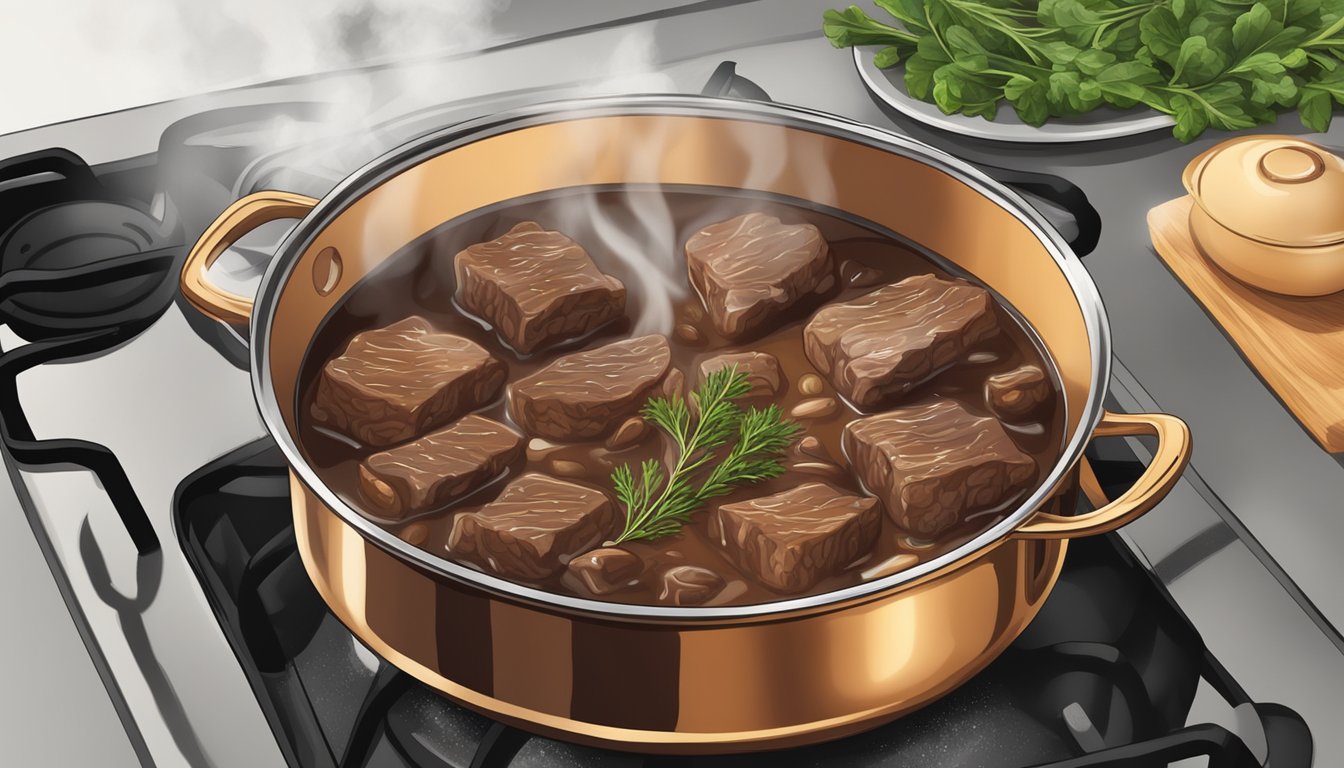 A pot of beef bourguignon simmering on a stovetop, steam rising and rich aroma filling the kitchen