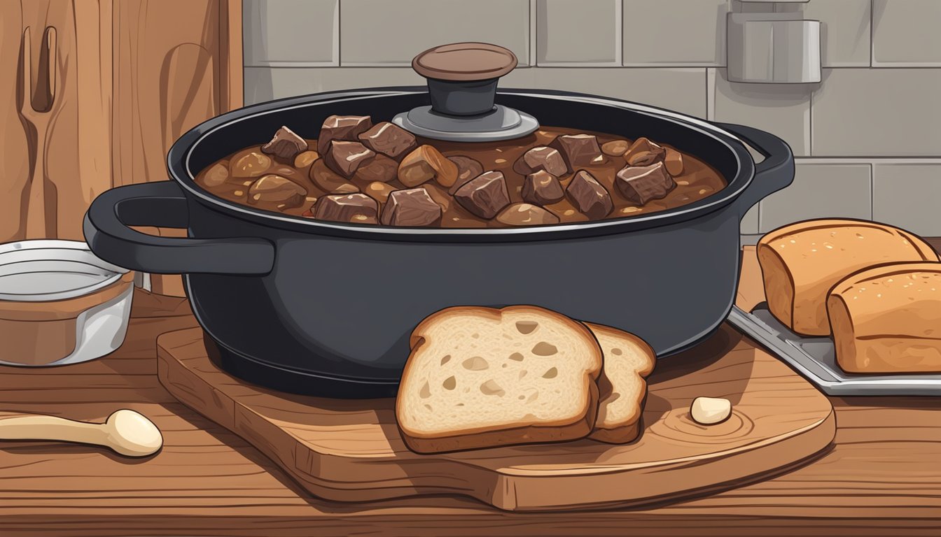 A pot of beef bourguignon sits on a stovetop, with a lid nearby. A spoon rests on a cutting board next to a loaf of crusty bread