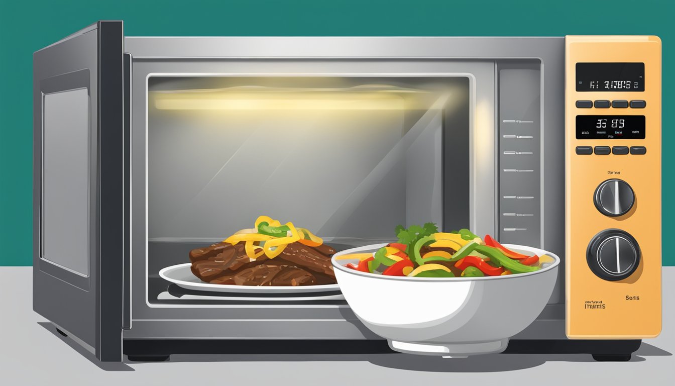 A microwave with a steaming bowl of beef fajitas inside, a fork resting on the side, and a timer counting down