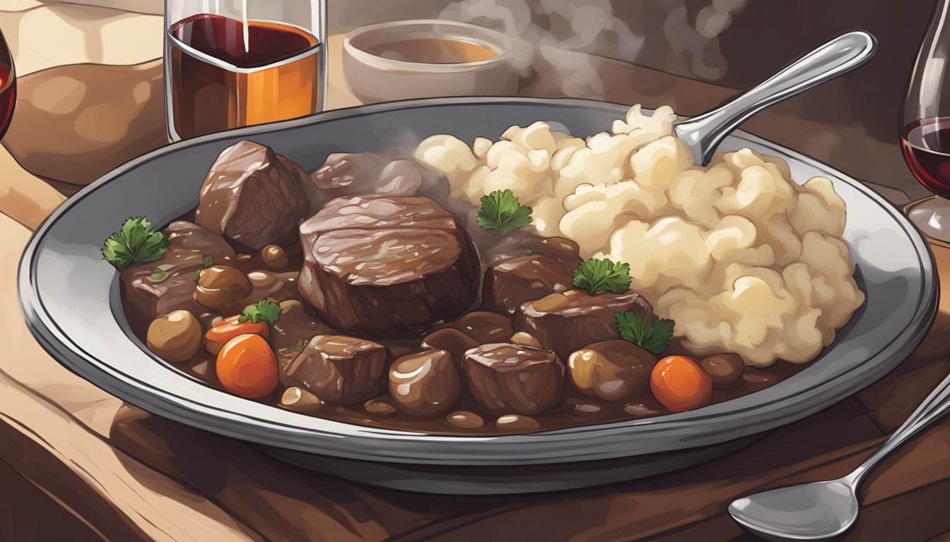 A pot of beef bourguignon sits on a stove, steam rising as a serving spoon lifts a portion onto a plate. A bowl of mashed potatoes and a glass of red wine accompany the dish