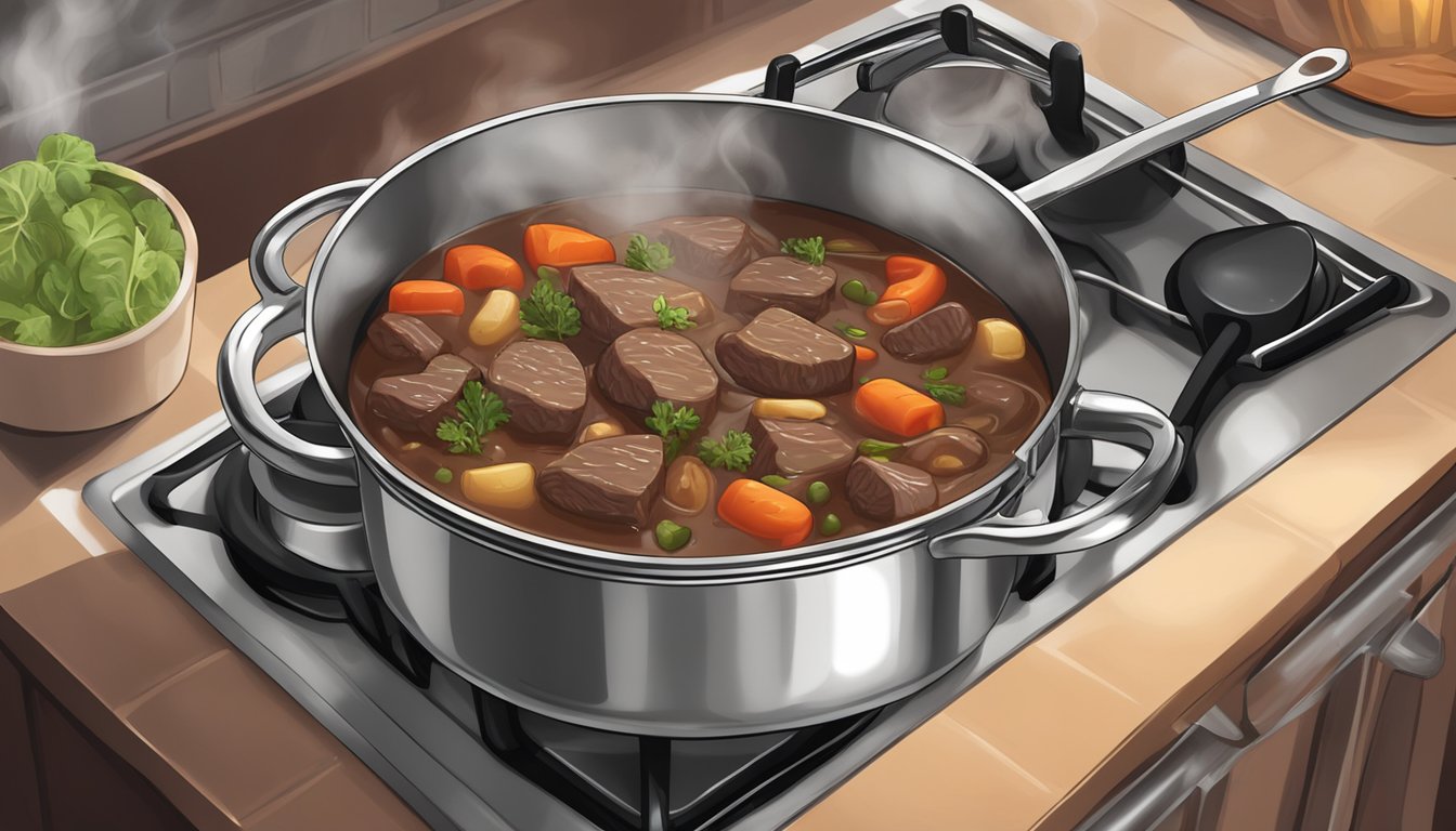 A pot of beef bourguignon simmering on a stovetop, steam rising, with a ladle nearby