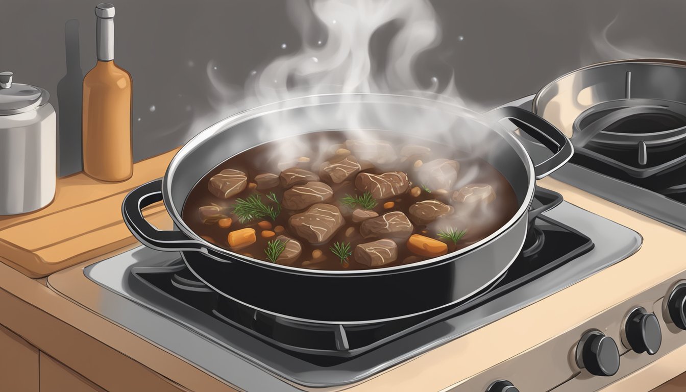 A pot of beef bourguignon being gently reheated on a stovetop, steam rising from the rich, savory stew