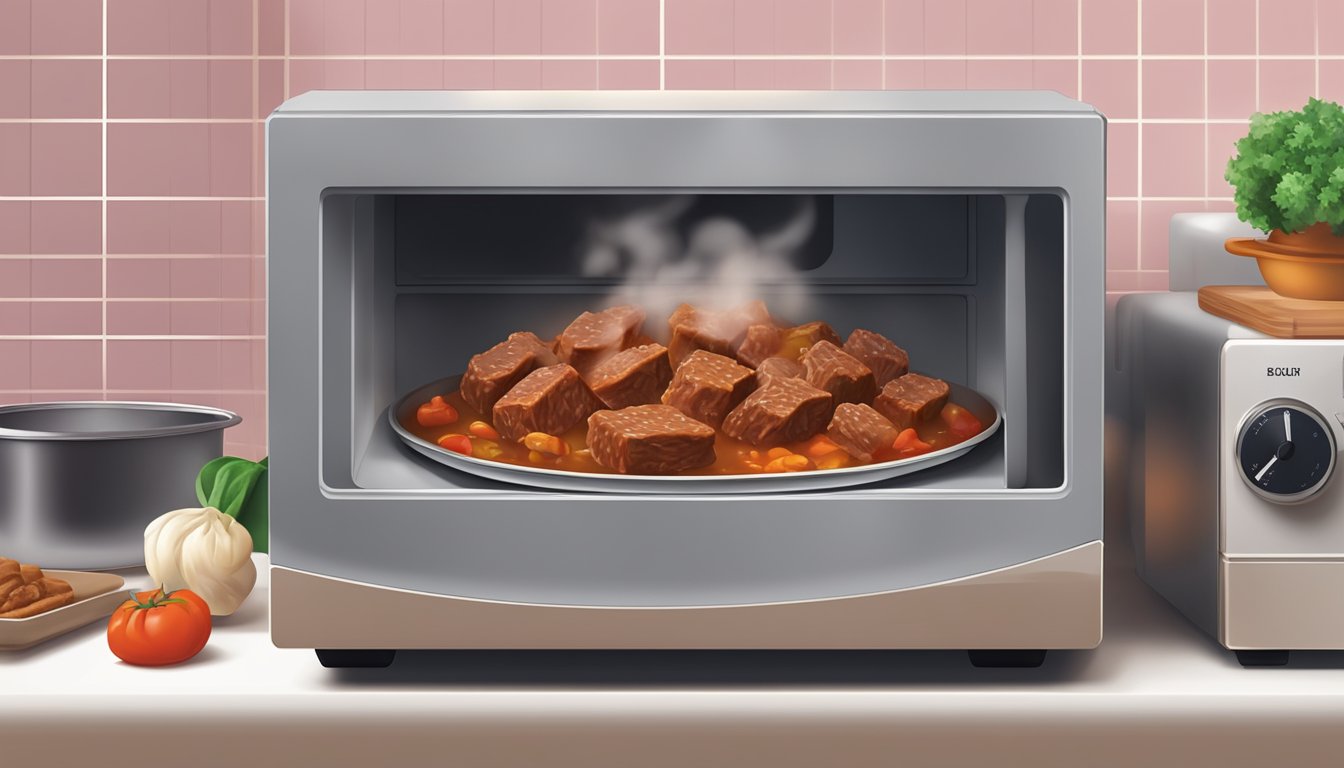 A steaming bowl of beef goulash being reheated in a microwave, with the rich, savory aroma wafting through the kitchen