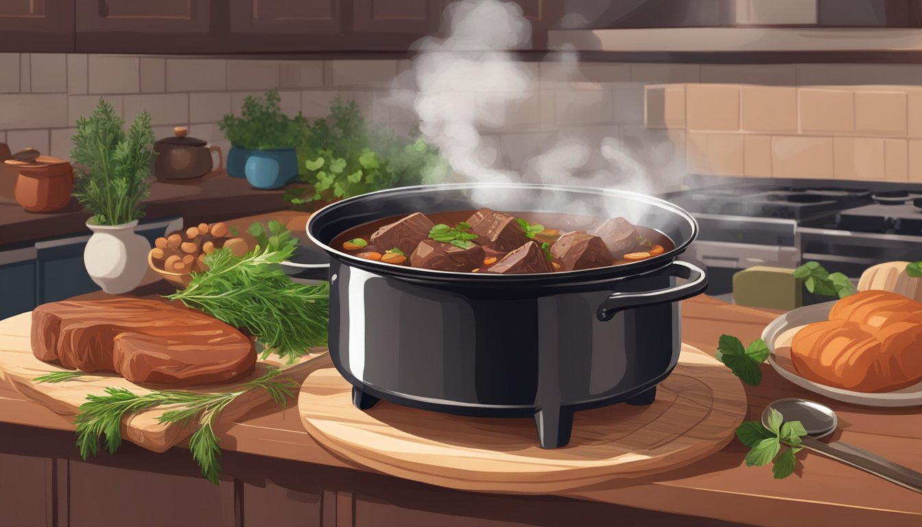 A steaming pot of beef bourguignon sits on a stove, surrounded by fresh herbs and a ladle. The rich aroma fills the cozy kitchen