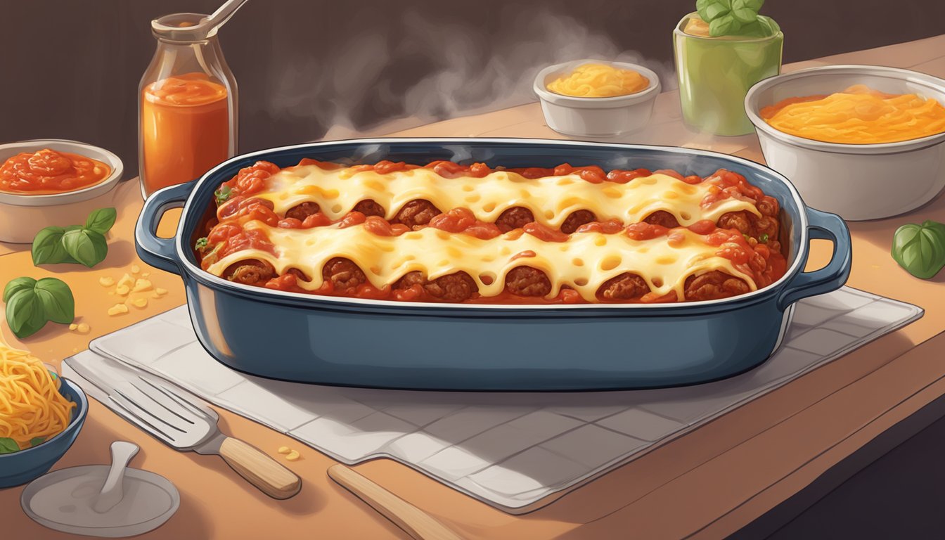 A steaming dish of beef cannelloni being removed from the oven, surrounded by bubbling tomato sauce and topped with melted cheese