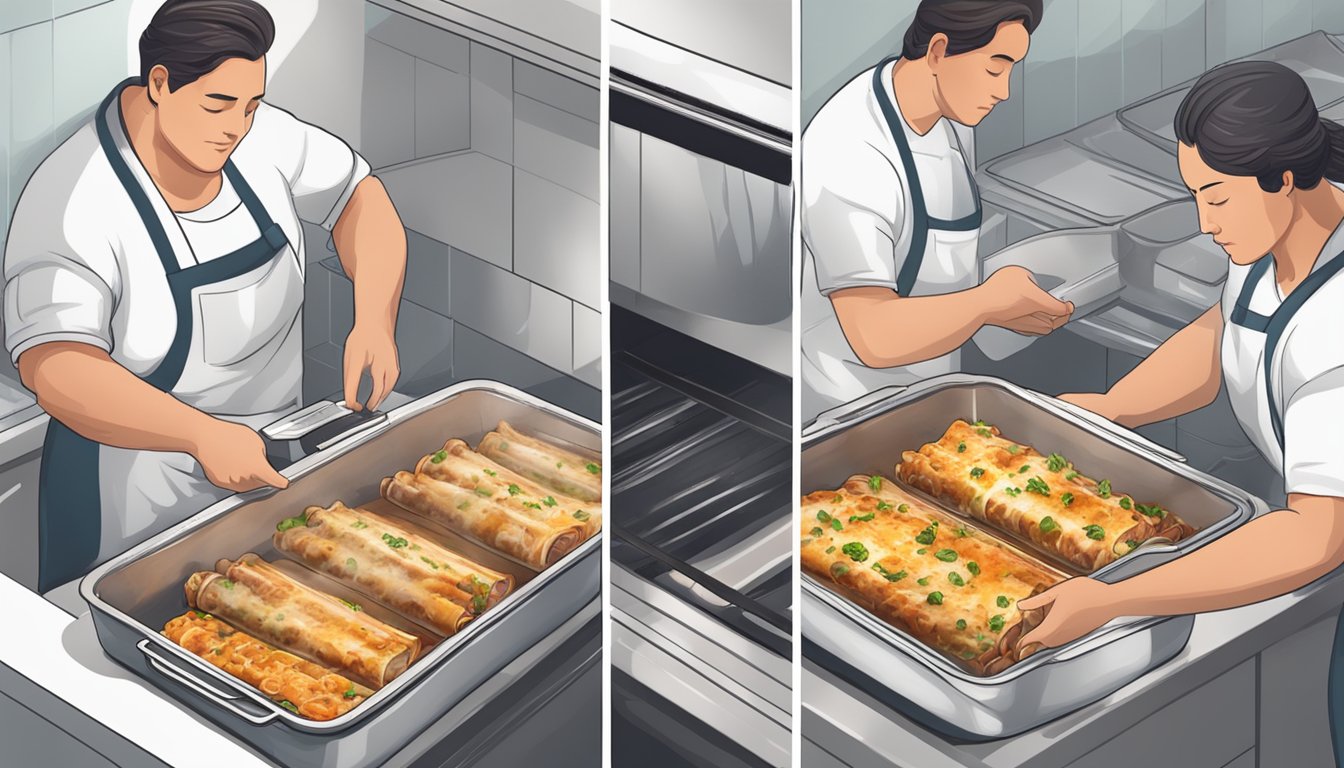 A person placing beef cannelloni in an airtight container and then reheating it in the oven