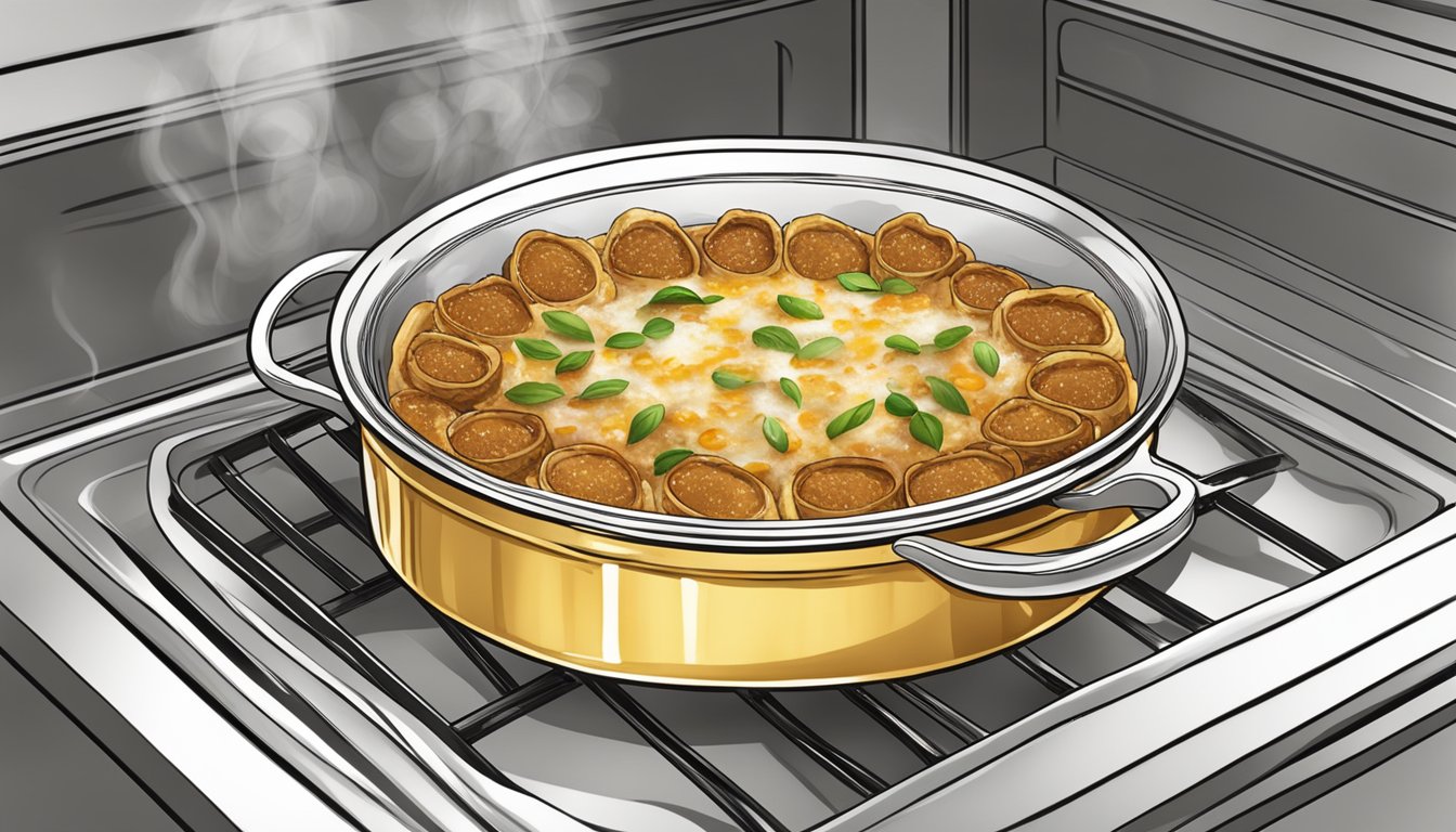 A steaming dish of beef cannelloni sits in the oven, golden and bubbling, ready to be served