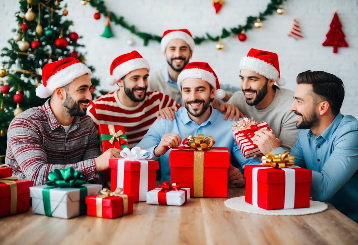 A group of men celebrating with gifts and decorations in a festive setting
