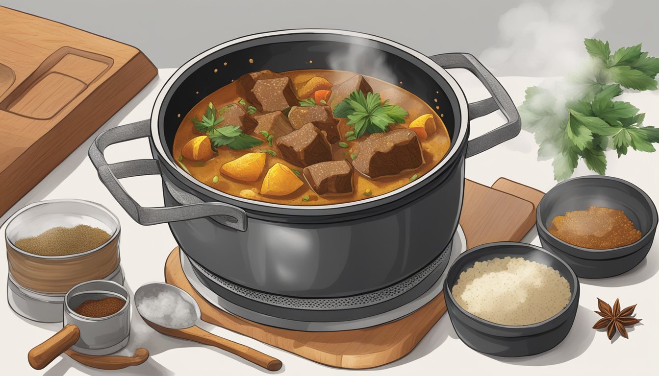 A pot of beef curry sits on a stovetop, steam rising as it simmers. A ladle rests on the edge of the pot, surrounded by various spices and herbs