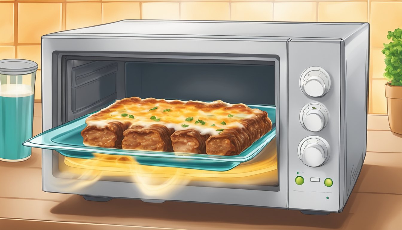 A plate of beef cannelloni being reheated in the microwave with steam rising from the dish