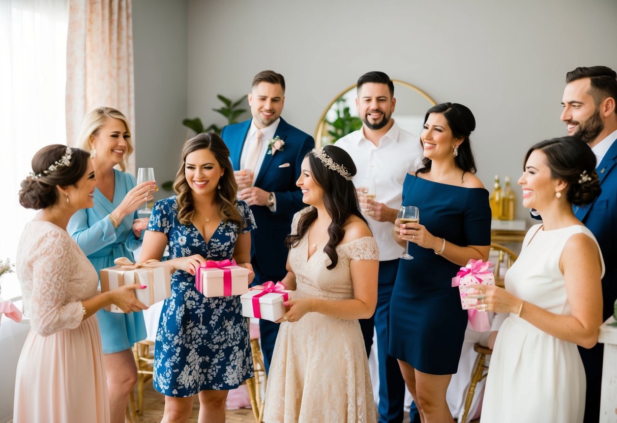 A group of men and women gather for a bridal shower, with the women chatting and opening gifts while the men stand off to the side, sipping drinks and engaging in their own conversation