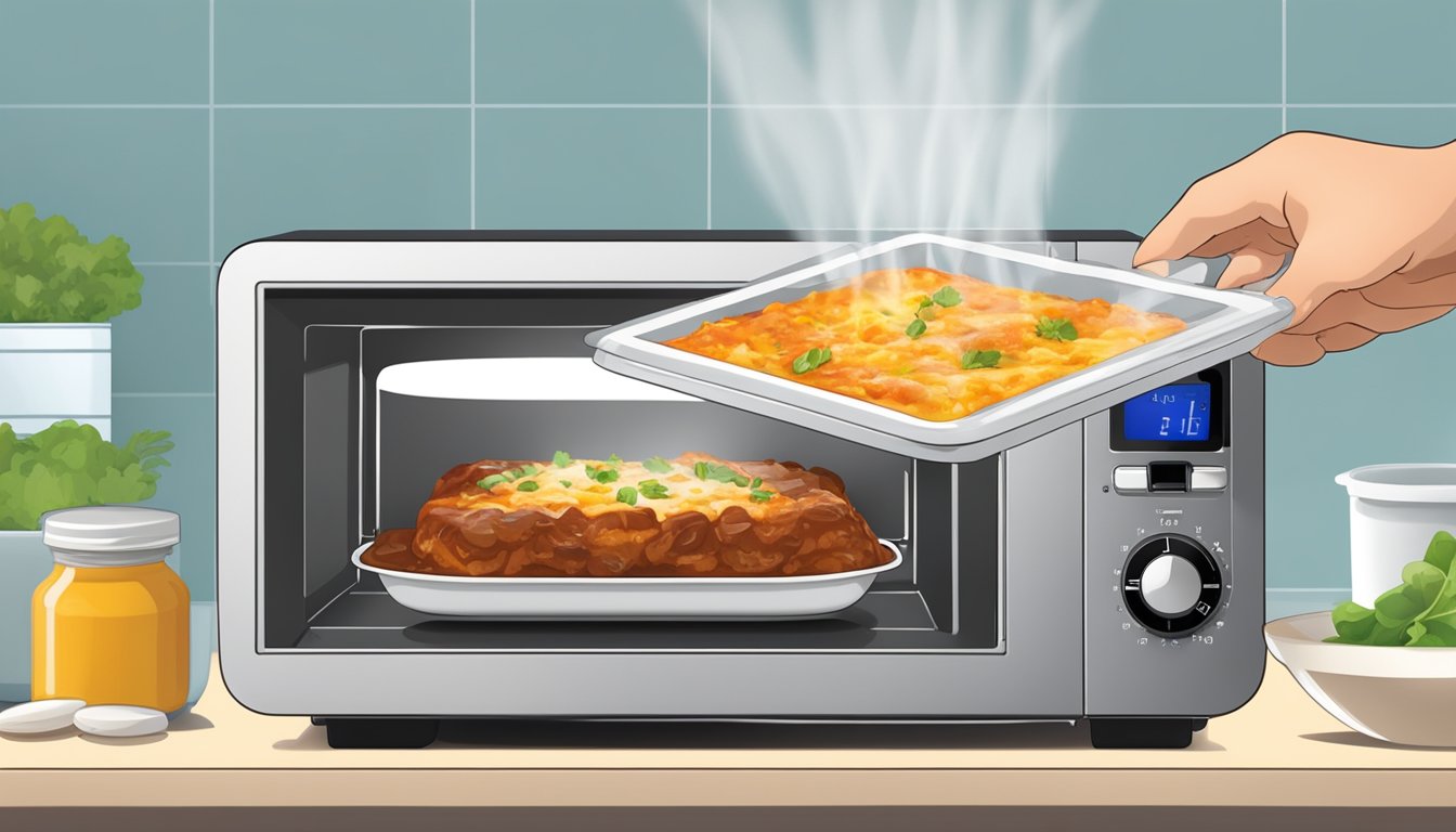 A person reheating beef cannelloni in a microwave-safe dish, covering it with a microwave-safe lid, and setting the timer