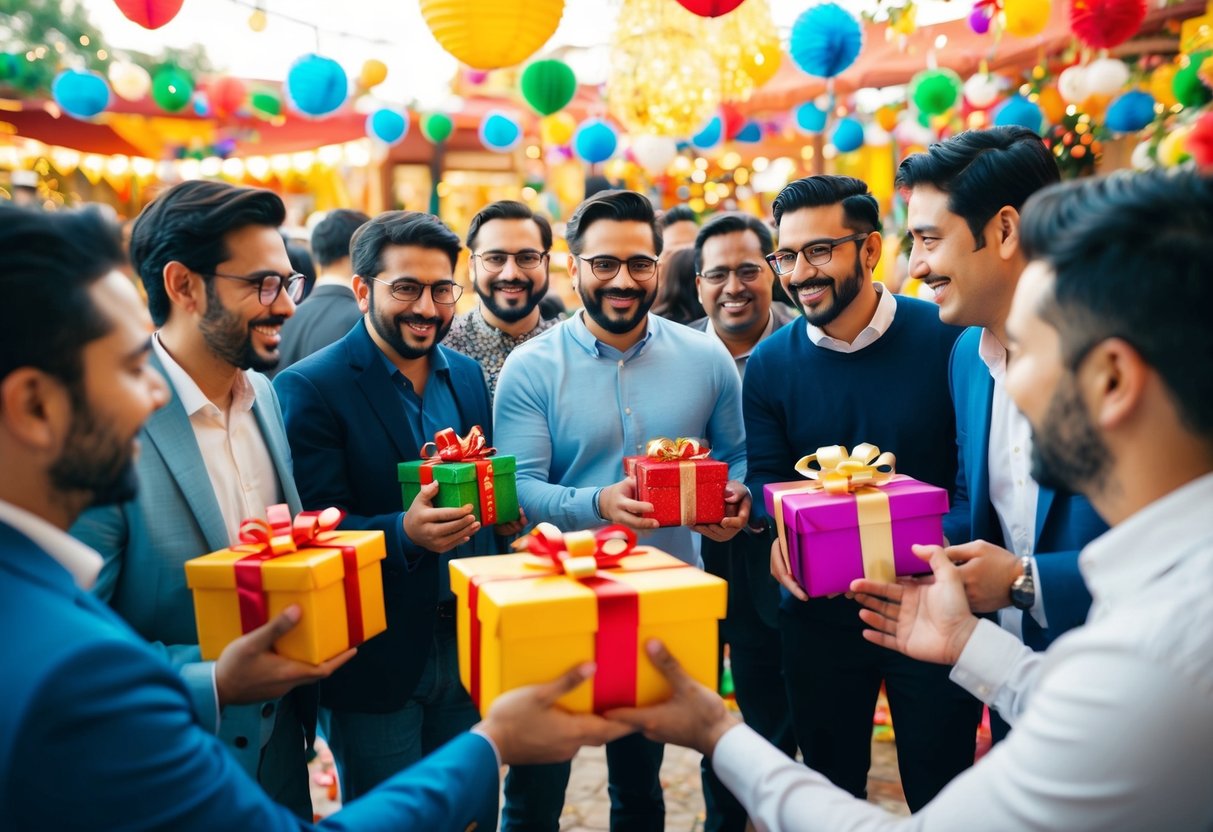 A group of men gather for a lively outdoor celebration, surrounded by colorful decorations and festive music. Gifts and well-wishes are exchanged in a joyful atmosphere