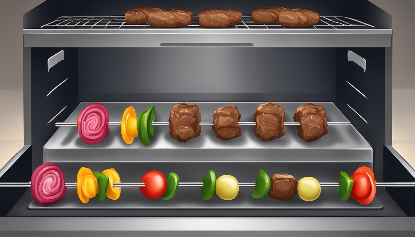 Beef kabobs arranged on a baking sheet in a preheated oven, with the oven door closed and heat radiating from the coils