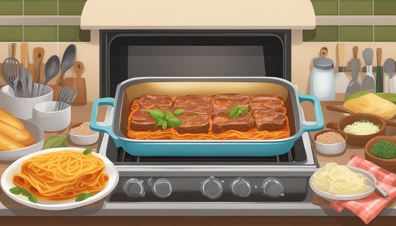 A steaming dish of beef cannelloni being reheated in the oven, surrounded by various ingredients and cooking utensils