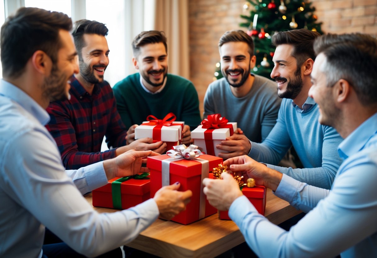 A group of men gather in a festive atmosphere, exchanging gifts and celebrating with laughter and camaraderie
