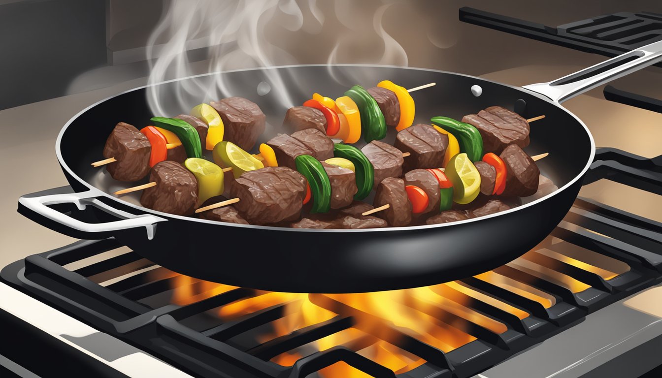 Beef kabobs sizzling in a hot skillet on a stovetop, with steam rising as they are being reheated