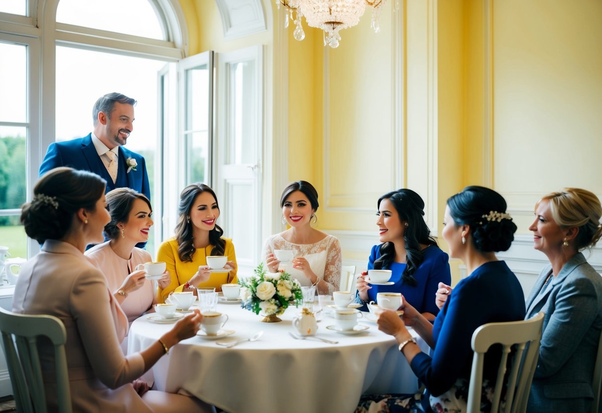 A group of women gather in a bright, elegant room, sipping tea and discussing wedding plans. A man stands outside, looking in through a window with a curious expression