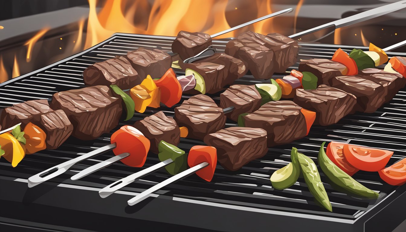 Beef kabobs arranged on a grill, sizzling over hot coals, emitting a savory aroma. A pair of tongs flips the skewers as they heat, ensuring even cooking