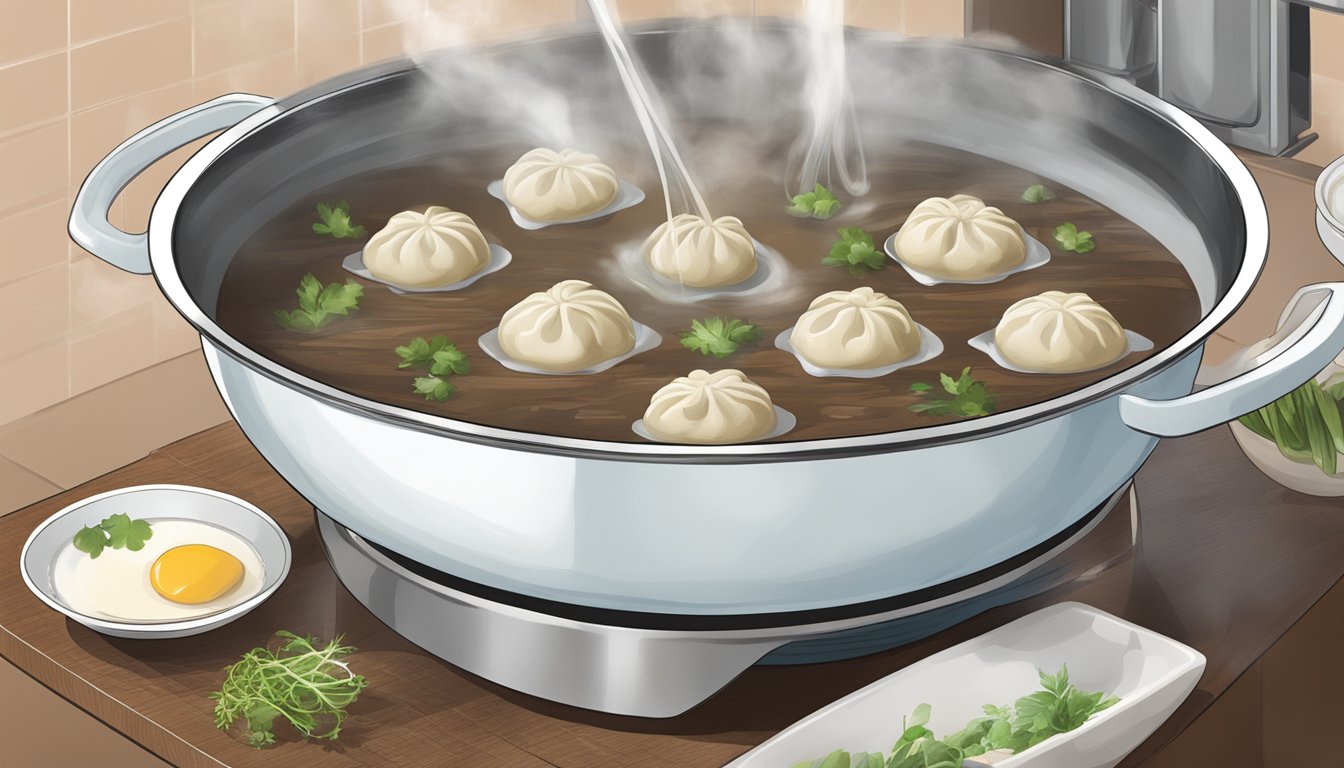 A steaming pot of water with beef dumplings being gently lowered in