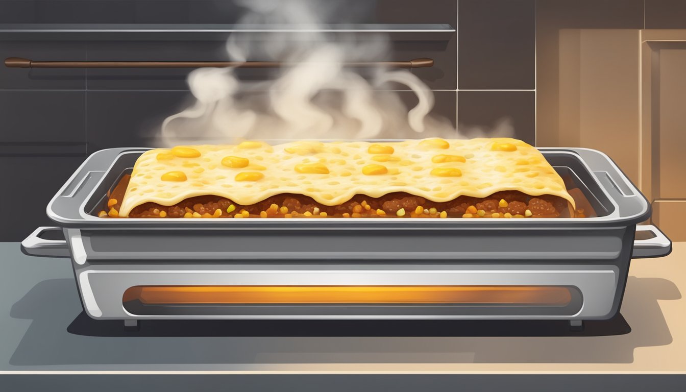 A beef enchilada being heated in the oven, with steam rising and the cheese bubbling on top