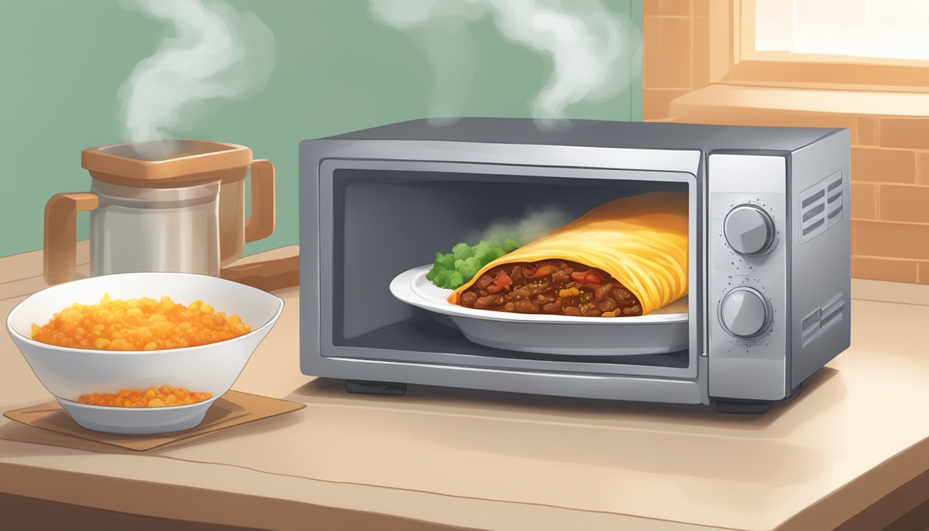 A beef enchilada being reheated in a microwave on a plate, with steam rising from the hot food