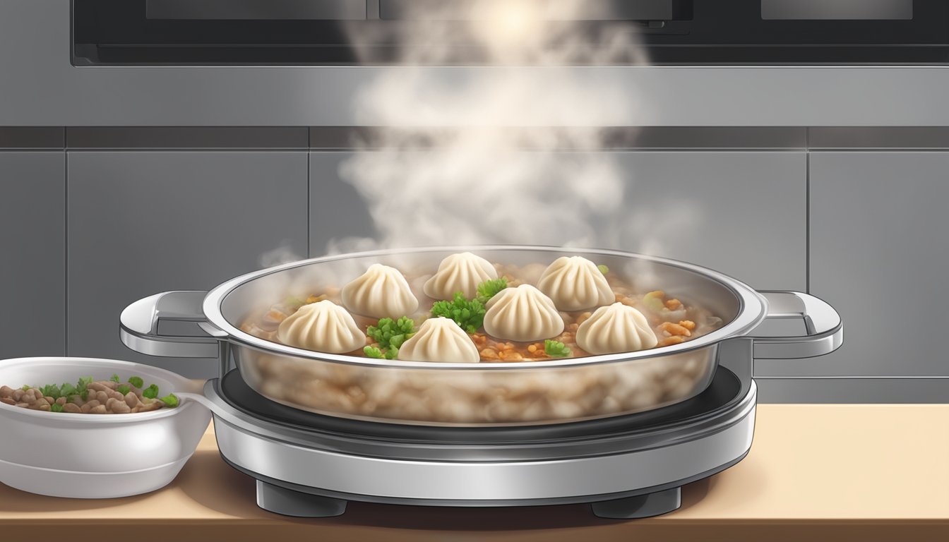 A steaming bowl of beef dumplings being heated in a microwave, with steam rising and the aroma of savory meat filling the air