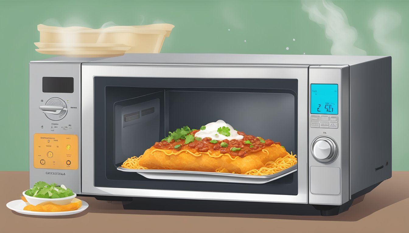 A microwave with a plate of sizzling beef enchiladas inside, steam rising from the hot food