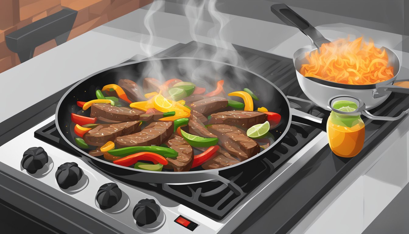 A sizzling skillet of beef fajitas being heated on a stovetop, with steam rising and a pair of tongs ready to serve